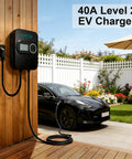 Level 2 Electric Vehicle Charger 40 Amp 240 Volt 9.6 Kilowatts Fast Charging with Nema 14-50 plug mounted on wall next to EV.