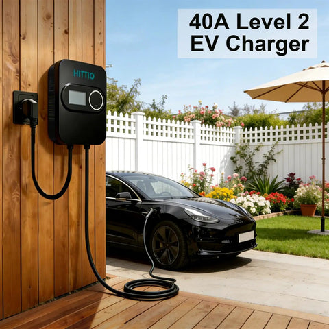 Level 2 Electric Vehicle Charger 40 Amp 240 Volt 9.6 Kilowatts Fast Charging with Nema 14-50 plug mounted on wall next to EV.