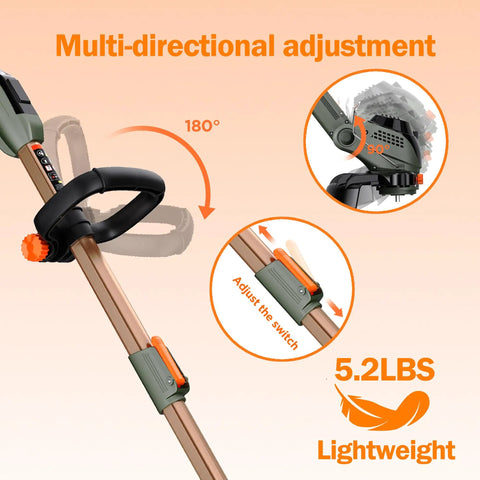 13 Inch Cordless All In One Weed Wacker Trimmer Edger Mower Brush Cutter With Steel Gears showing adjustable handle