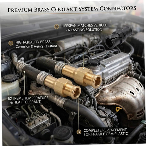 Close-up of premium brass coolant system connectors installed on an engine, highlighting durability and heat resistance features.