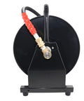 Front view of Beefy Heavy Duty Portable Hose Reel for 5000 PSI high pressure power washers, steel construction with black powder coat.