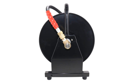 Front view of Beefy Heavy Duty Portable Hose Reel for 5000 PSI high pressure power washers, steel construction with black powder coat.