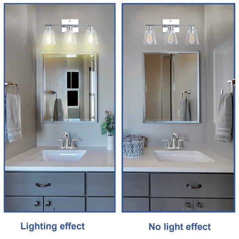 Chrome Bathroom Vanity Light Fixtures With Three Lights, 16.9 Inch Over Mirror Bar Style, clear glass shades, lighting effect comparison