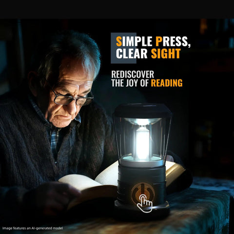 Person reading by Beast 1500 Lumen LED Camping Lantern With 4 D Batteries Included, showcasing bright light effectiveness.