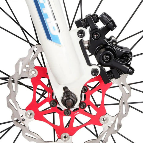 Hardcore Two Pack Mechanical Disc Brake Kit For Mountain And Road Bikes Solid Aluminum Alloy Build with black caliper on red rotor.