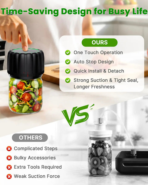 Mason Jar Vacuum Sealer Kit Cordless Auto Stop With 10 Lids For Wide And Regular Mouth Jars in use with food comparison.