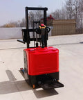 Heavy Duty Electric Walkie Pallet Stacker With 1000Kg To 3000Kg Lift Capacity shown from the front on a warehouse floor.