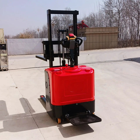 Heavy Duty Electric Walkie Pallet Stacker With 1000Kg To 3000Kg Lift Capacity shown from the front on a warehouse floor.