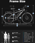 Diagram showing frame size and dimensions of Electric Mountain Bike For Adults With 1500W Peak Motor Up To 25 MPH And 65 Mile Range 48V 10.4Ah Removable Battery 26 Inch Wheel Ebike For Commuting And Trail Rides