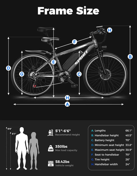Diagram showing frame size and dimensions of Electric Mountain Bike For Adults With 1500W Peak Motor Up To 25 MPH And 65 Mile Range 48V 10.4Ah Removable Battery 26 Inch Wheel Ebike For Commuting And Trail Rides