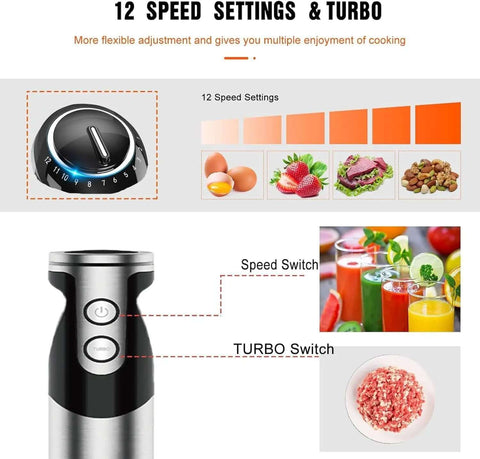 Killer Performance 400W Hand Blender With Versatile 3-In-1 Set Featuring Blending Shaft Whisk And Chopper Ergonomic Handle showing 12 speed settings and turbo switch.