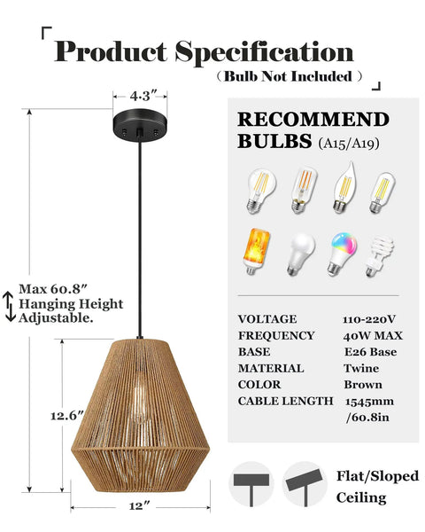 12 Inch Handwoven Rattan Pendant Light With Rustic Boho Vibe, Adjustable Woven Basket Shade For Kitchen Island and Dining Room