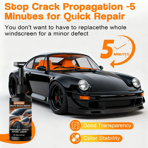 5 Minute Windshield Crack Repair Kit For Chips And Cracks, Pro Grade Auto Glass Rock Chip Repair Tool next to car.