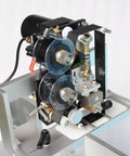 Top Notch Semi Automatic Round Bottle Labeling Machine With A Slick Label Applicator And 110V Wall Plug Power For Quick Setup and Rock Solid Heavy Duty Performance close-up view of the labeling mechanism.