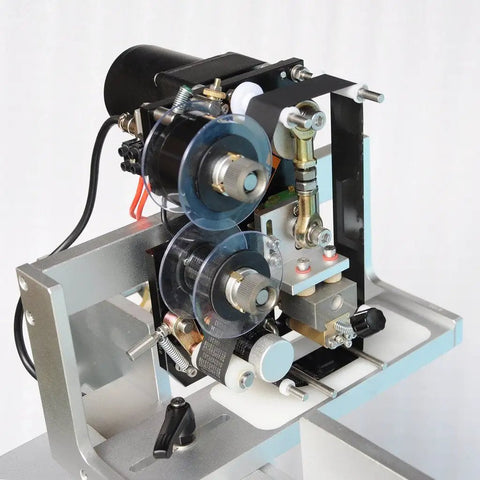 Top Notch Semi Automatic Round Bottle Labeling Machine With A Slick Label Applicator And 110V Wall Plug Power For Quick Setup and Rock Solid Heavy Duty Performance close-up view of the labeling mechanism.