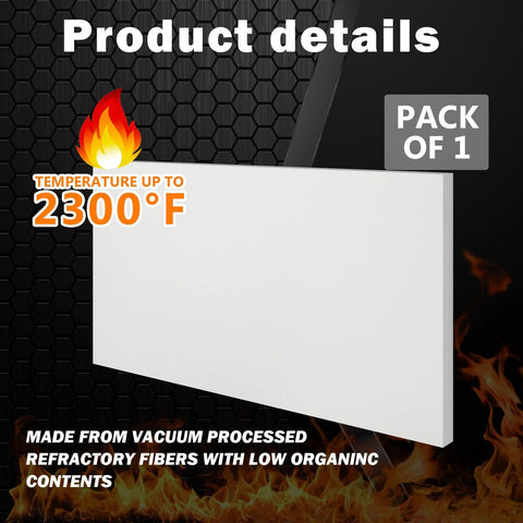 Maasechs ceramic fiber insulation board, front view, 0.47 x 18 x 24 in, white, up to 2300°F for wood stoves and kilns