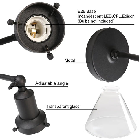 Close-up of Industrial Vintage Wall Sconce Light Fixture with Slope Pole Mount and Funnel Flared Clear Glass Shade details