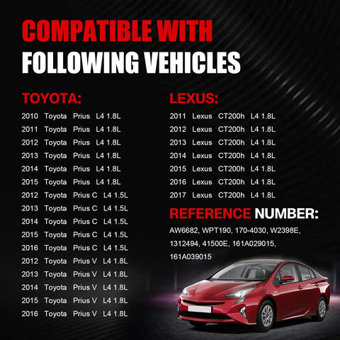 Image showing compatibility list for Straight Shot Electric Engine Water Pump Bolt In Replacement For Toyota Prius Prius V Prius C And Lexus CT200H.