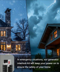 Two houses with stormy sky, inset showing generator interlock kit installation; Generator Interlock Kit For 150 And 200 Amp Panels Compatible With Siemens And Murray, Easy Plug And Play Install With Included Drill Bit, Seven Eighths To One And One Quarter Inch Main To Branch Spacing, SIE P2 Pro Interlock