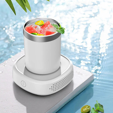 Dope Two In One Desk Drink Heater And Chiller With Matching Mug One Touch Switch 36 Watt Electric Cup Warmer Cooler For Coffee Milk Beer Tea Keep Sips Bone Chilled Or Sweltering Hot On The Fly with ice drink in white cup