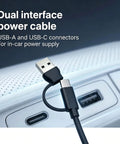 Dual interface power cable with USB-A and USB-C connectors for in-car power supply, ideal for charging devices.