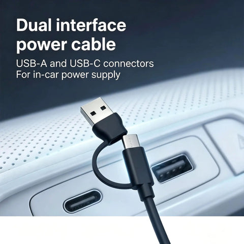 Dual interface power cable with USB-A and USB-C connectors for in-car power supply, ideal for charging devices.