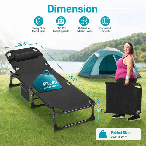 Heavy Duty Outdoor Tanning Chair With 5 Position Folding Chaise Lounge and Pad shown with dimensions and woman carrying folded chair