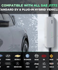 Level 1 EV Charger With 15A 110V NEMA 5 15 Plug Portable 20 Foot Cable Home Charging Station For All J1772 Electric Cars FCC CE Certified Weatherproof IP65 Auto Shutoff next to car showing compatibility with various brands