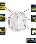 Outdoor 10 Inch Round LED Nautical Bulkhead Light Flush Mount with white cast aluminum and frosted glass lens, wet location rated.