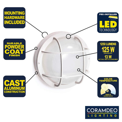 Outdoor 10 Inch Round LED Nautical Bulkhead Light Flush Mount with white cast aluminum and frosted glass lens, wet location rated.