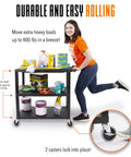 Three Shelf Flat Top Utility Cart That Handles Up To 300 Lbs Heavy Duty HDPE Shelves With Durable PVC Legs Smooth Rolling Wheels With Locking Feature A Workhorse For Office Warehouse Or Garage Storage And Easy Transport, black 3-shelf cart with lockable casters