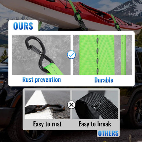 Heavy Duty Ratchet Straps One Inch By 10 Feet Four Pack Green 1500 Lb comparison of durable design versus rusting hooks.