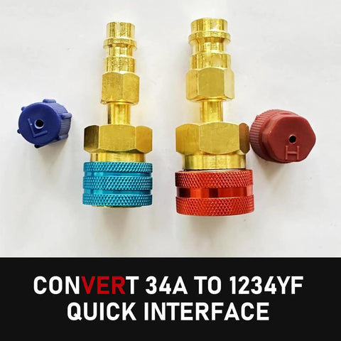 Top Shelf Two Piece R1234YF To R134A Quick Couplers Kit with gold brass adapters for AC refrigerant conversion.