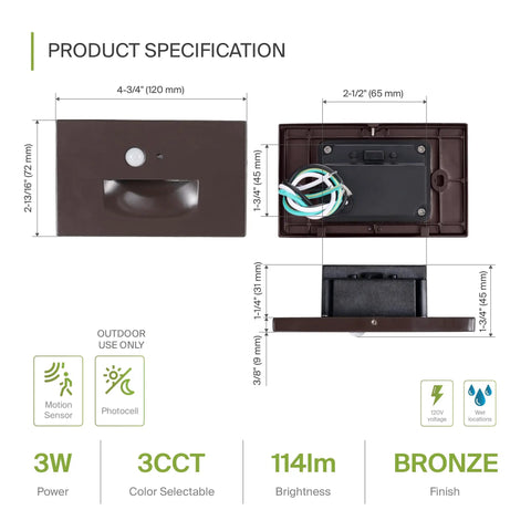 Recessed Step Light Fixture With Dusk To Dawn Sensor, Dope 3CCT Options, Motion Sensor And Photocell, bronze dimensions