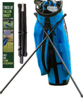 Workhorse Aluminum Golf Bag Stand Attachment With Slick Folding Legs That Anchors Your Cart Bag Firmly And Blocks Nasty Scratches While You Enjoy Smooth Playing Days Out On The Links Black mounted on a blue golf bag.