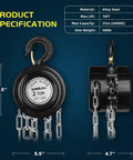 Front and side view of a 2 Ton Hand Chain Hoist With 4400 Lbs Capacity 10 Foot Lift Manual Chain Block showing alloy steel construction and G80 chain.