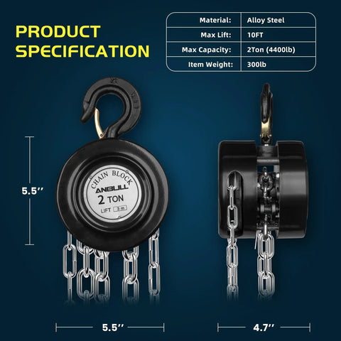 Front and side view of a 2 Ton Hand Chain Hoist With 4400 Lbs Capacity 10 Foot Lift Manual Chain Block showing alloy steel construction and G80 chain.