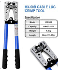 Battery Cable Lug Crimping Tool Set For AWG 10 Up To One Zero With Rotating Die And High Precision Jaws displayed with specifications