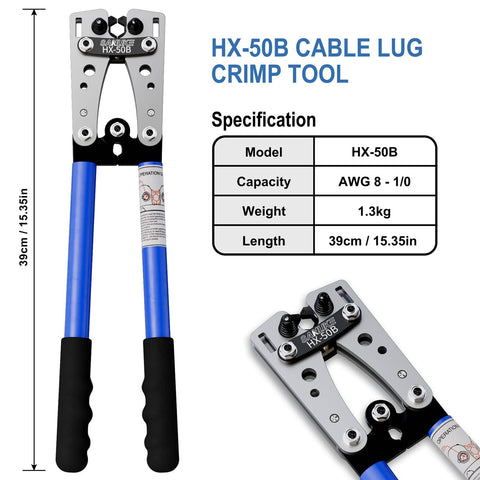 Battery Cable Lug Crimping Tool Set For AWG 10 Up To One Zero With Rotating Die And High Precision Jaws displayed with specifications
