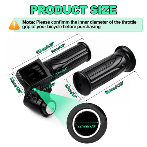 Twist Throttle Replacement For 48V E Bikes And Scooters With LCD Display And Two Keys Compatible With Ridstar Q20 Q20Lite Q20Pro H20 H26Pro H20 Pro E Bike And Scooter Grips Upgrade For Electric Bicycle showing dimensions and grip size