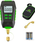 Front view of Super Stars digital vacuum gauge with 1/4 in SAE fitting, green accents, carrying case, brass adapter, and AA batteries