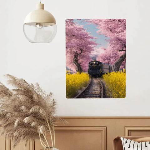 Vintage Steam Train Tin Plaque Sign 12X16 Inch With Cherry Blossom Tunnel And Yellow Wildflowers on a living room wall.