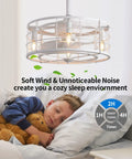 Enclosed Ceiling Fan With Lights Remote Control Kid Friendly Caged Design installed over a sleeping child