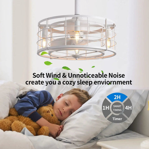 Enclosed Ceiling Fan With Lights Remote Control Kid Friendly Caged Design installed over a sleeping child
