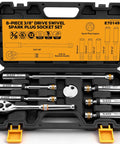 Slick Professional Grade Eight Piece 3/8 Drive Magnetic Swivel Spark Plug Socket Kit With Hand Ratchet And Accurate Gap Tool for engine repair.