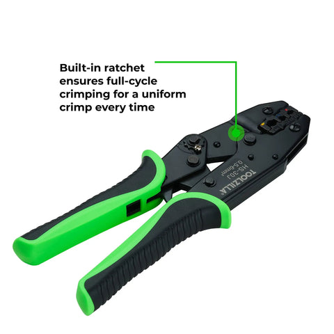 Workhorse Heavy Duty Ratcheting Wire Crimper For Stranded Copper Cable with ergonomic grip and built-in ratchet feature.