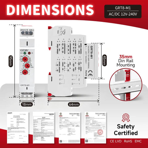 10-Function 16A Time Relay for AC/DC 12-240V with Latching Mode and Control-Input Options, GRT8-M1, dimensions and certifications displayed
