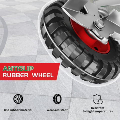 Close-up of 8 Inch Gate Wheel with Brake for Metal Tube Gates 600 lb Capacity, showing anti-slip rubber material and features.