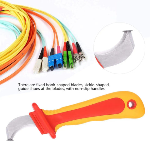 Dismantling Knife With 1000V Insulation For Electricians Fast Strip Cable Stripper And Wire Cutter Non Slip Grip Anti Magnetic Blades IEC60900 Certified 210 Millimeter Length Heavy Duty Pro Grade Electrician Tool For Cable Work shown with cables.