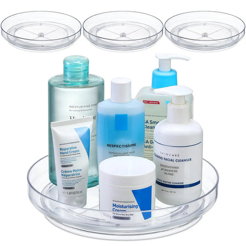 Four Pack 9 Inch Clear Acrylic Lazy Susans Non Skid Turntables Organizer For Cabinets Kitchen Pantry Refrigerator Vanity Countertop And Spice Rack Rotating Storage To Maximize Space And Accessibility displaying skincare products
